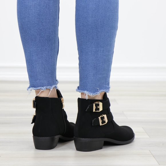 Black Velvet Ankle Boots Gold Buckles Booties - Picture 8 of 13